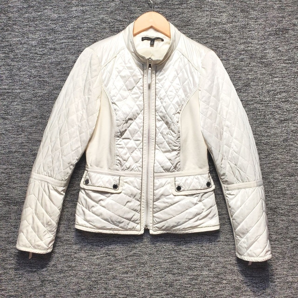 WHBM Quilted Puffer Moto Barn Jacket Womens Small White Full Zip Old Money Luxe
